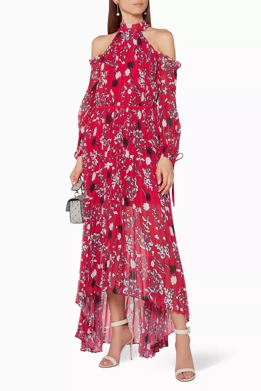 Self Portrait Cold Shoulder Dress Red Pleated Flora Printed Chiffon Maxi